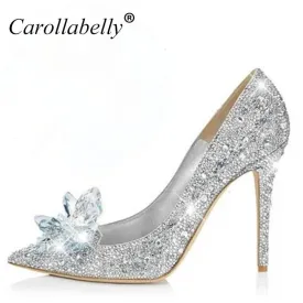 2017 New Rhinestone High Heels Cinderella Shoes Women Pumps Pointed toe Woman Crystal Wedding Shoes 7cm or 9cm heel big size