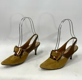 60s Vintage Buckled Stiletto Slingback Heels Olive Green Suede & Leather Shoes Risque VFG