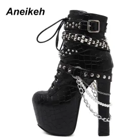 Aneikeh Zip Metal Chains Rivet Motorcycle Boots Women Shoes Super High Heels Platform Ankle Boots Punk Rock Gothic Biker Boots