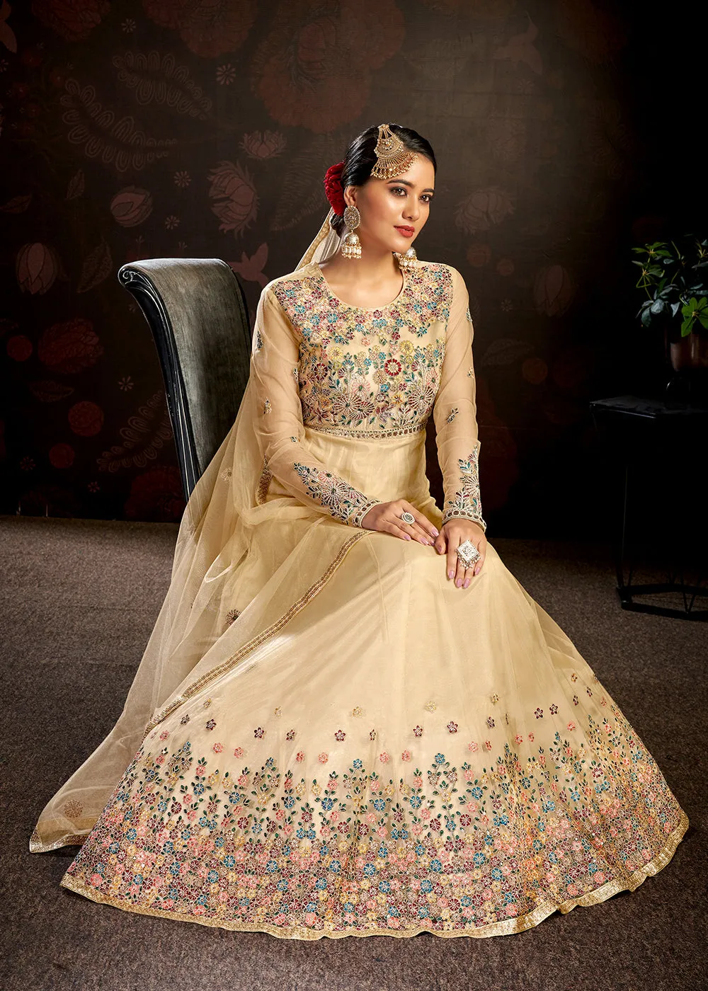 Beige Sparkly Net Embroidered Designer Anarkali Suit