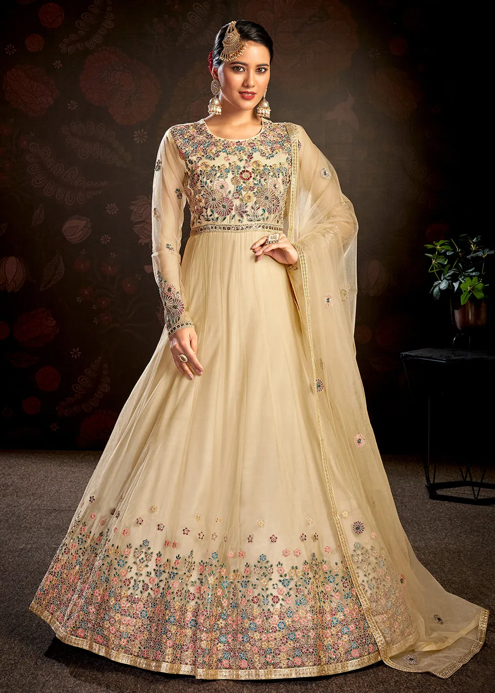 Beige Sparkly Net Embroidered Designer Anarkali Suit