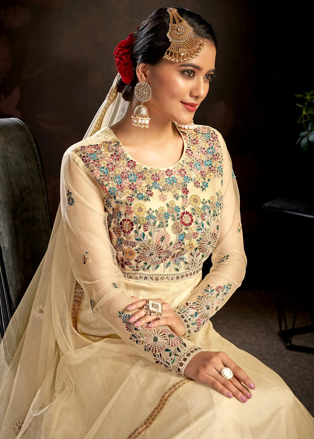 Beige Sparkly Net Embroidered Designer Anarkali Suit