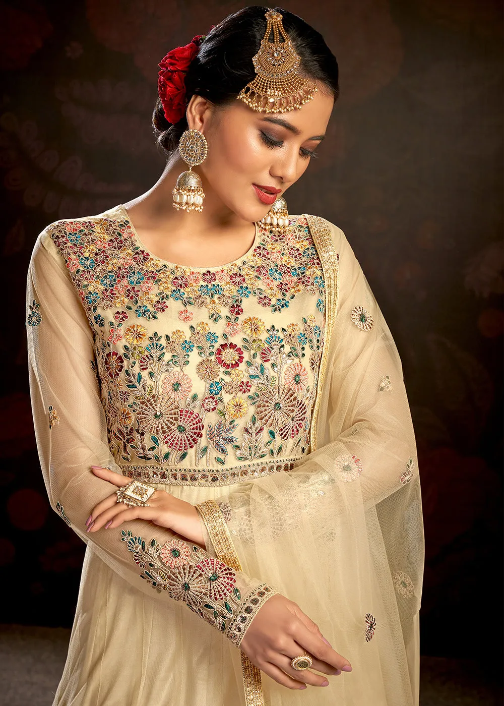 Beige Sparkly Net Embroidered Designer Anarkali Suit