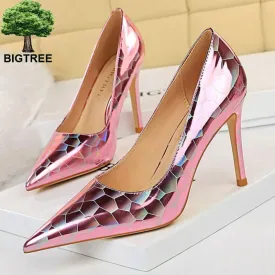 Bigtree Shoes New Patent Leather Woman Pumps Metal Stone Pattern High Heels Designer Women Heels Stiletto Female Pumps Size 43