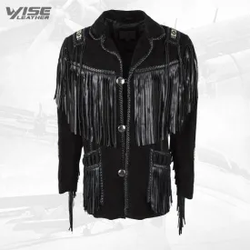 Black Boar Suede Hand Laced Bead Fringed Jacket Trimmed Coat