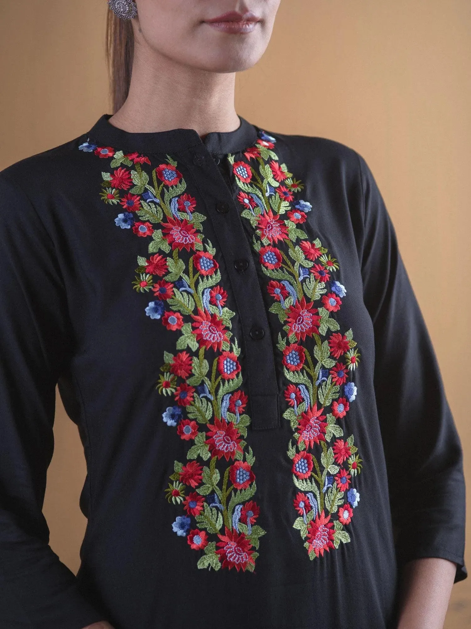 Black Embroidered Rayon Kurta