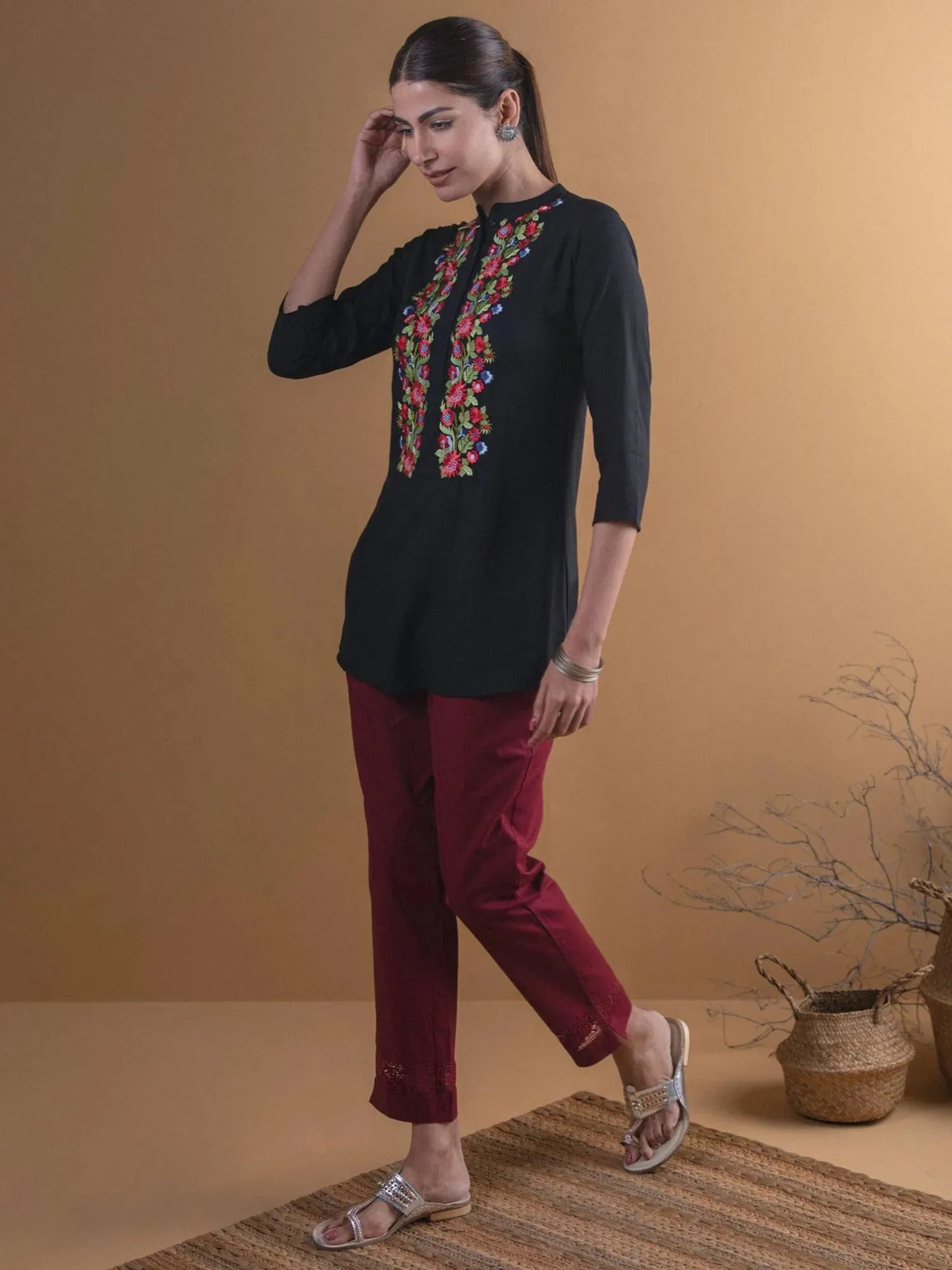 Black Embroidered Rayon Kurta