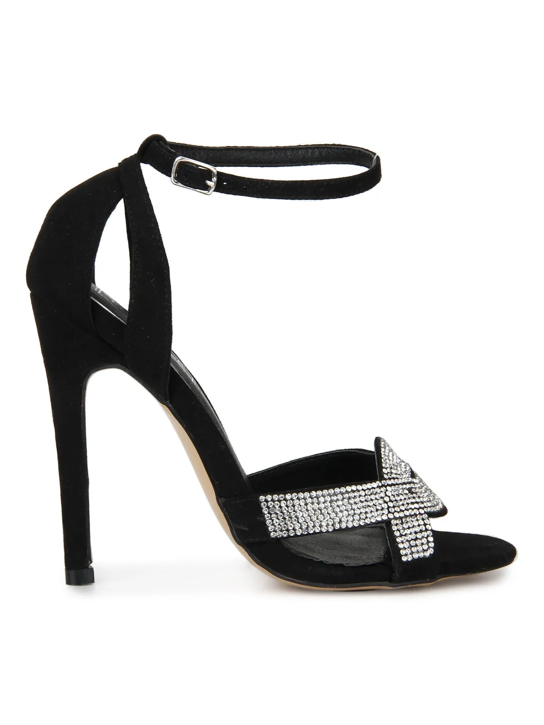 Black Micro Diamante Crossover Ankle Strap Low Stiletto Heels