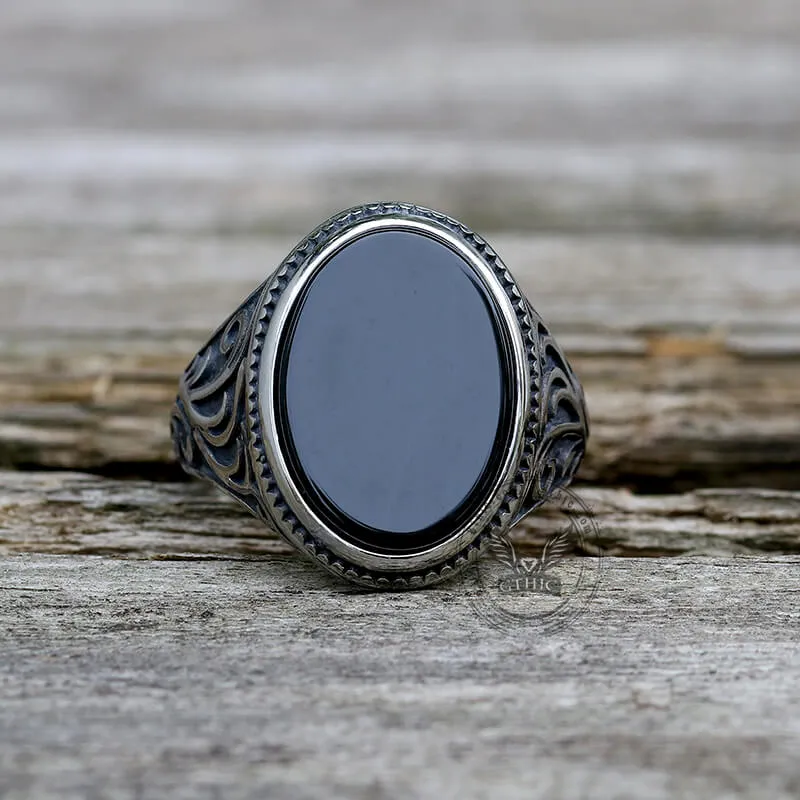 Black Oval Agate Carved Stainless Steel Ring