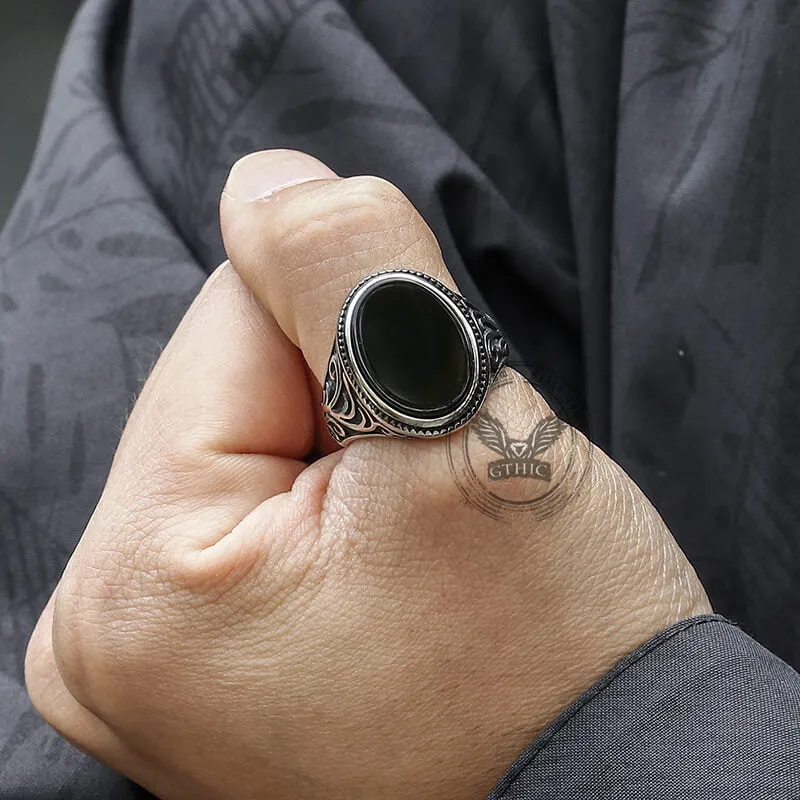 Black Oval Agate Carved Stainless Steel Ring