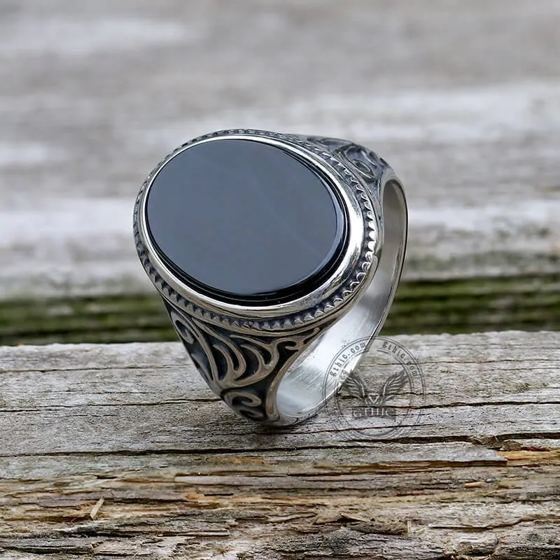 Black Oval Agate Carved Stainless Steel Ring