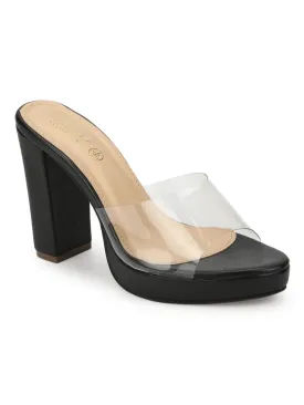 Black Perspex PU Clear Block Heel Mules