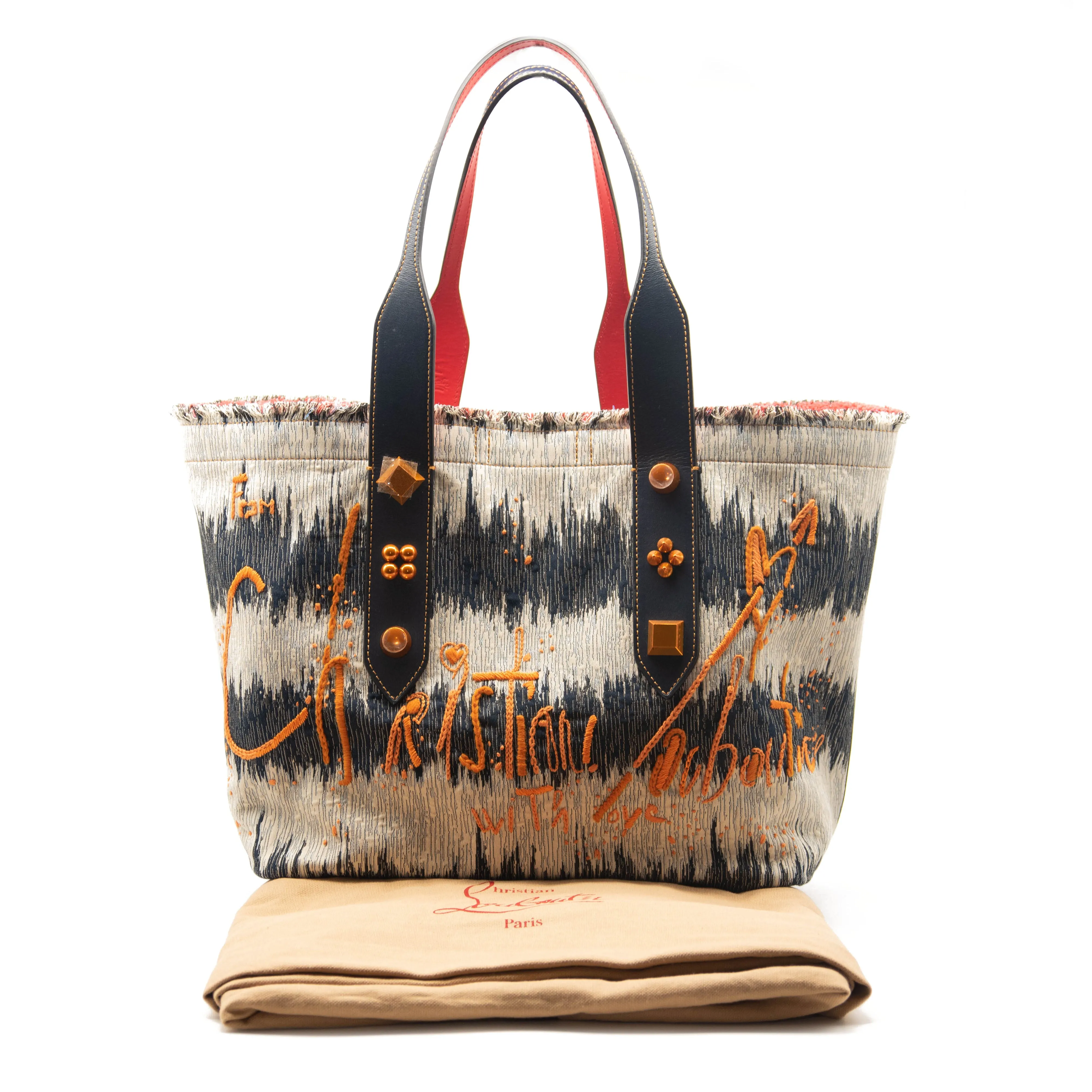 Christian Louboutin Frangibus Medium Embroidered Tote Denim Orange Logo