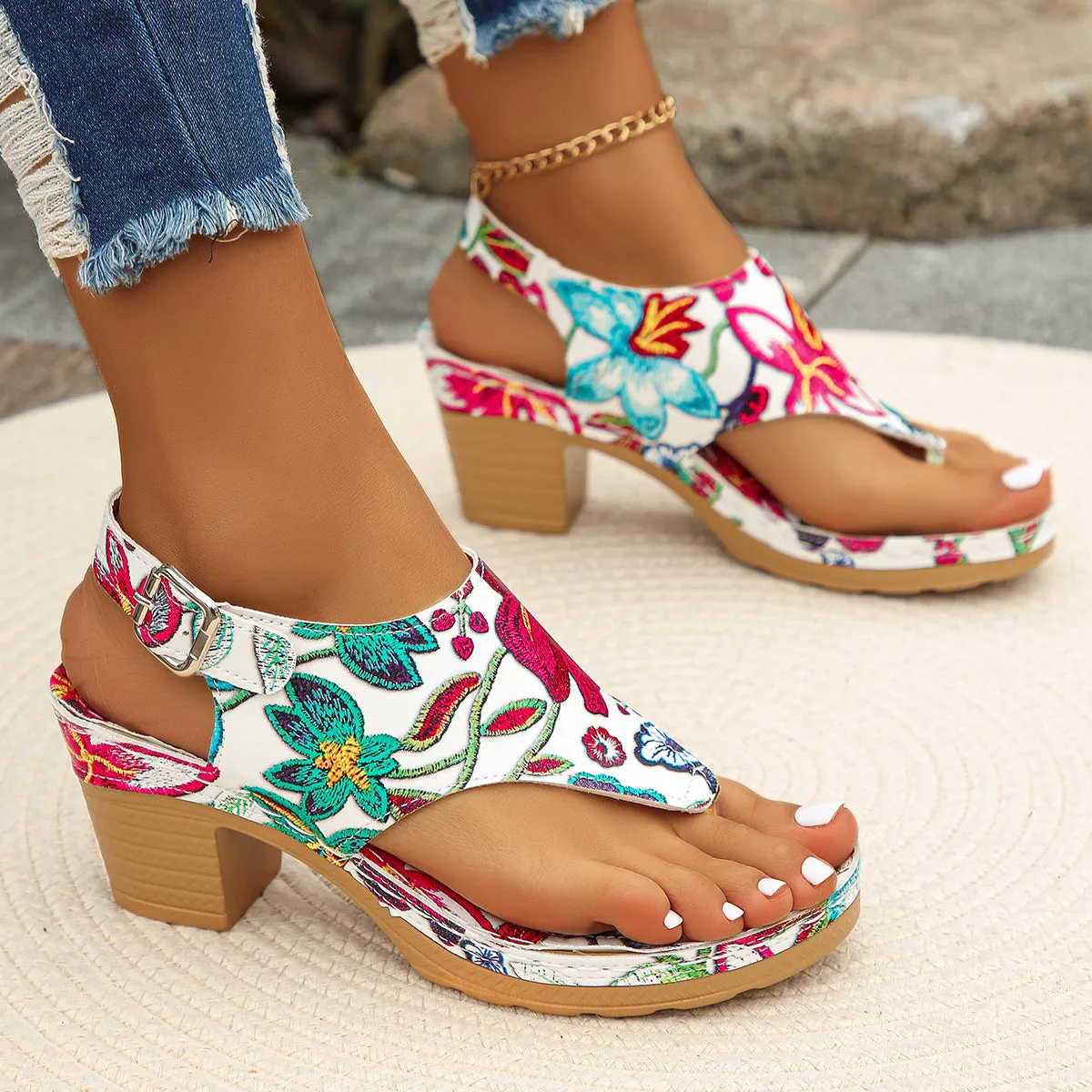 DEANWANGK  Cross-Border Sandals Flip-Flops European and American plus Size  Summer Flower Embroidered Chunky Heel Ankle-Strap Flip-Flops Women's High Heels