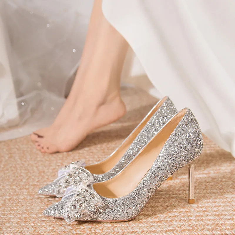 DEANWANGK  New Rhinestone Bow Jewelry Wedding Shoes Bridal Shoes Wedding Dress Temperamental Minority Stiletto Heel High Heels Wholesale