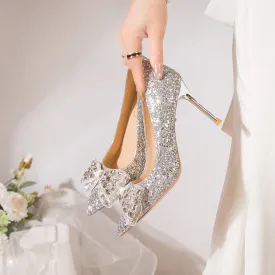 DEANWANGK  New Rhinestone Bow Jewelry Wedding Shoes Bridal Shoes Wedding Dress Temperamental Minority Stiletto Heel High Heels Wholesale