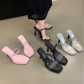 DEANWANGK  Sexy Leopard Print One-Word Transparent Sandals Women's Summer Outer Wear  New All-Matching Open Toe Stiletto Heels