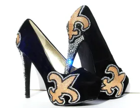 Fleur De Lis Black & Gold Crystal Heels