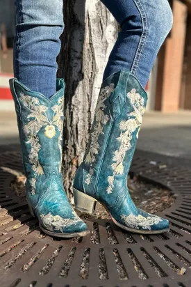 Floral & Navy Blue Snip Toe Boot by Corral Boots