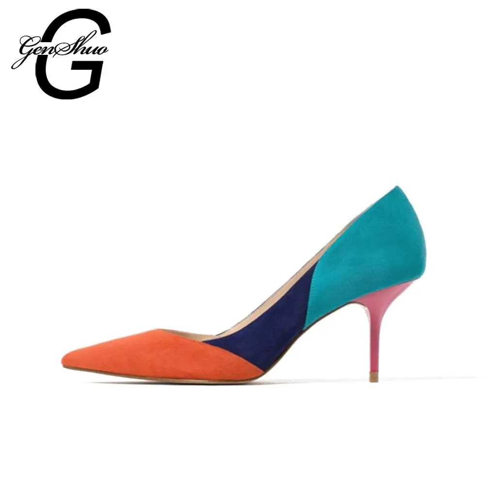 GENSHUO Mixed Color Pointed Toe High Heels Shoes Autumn Wedding Female Simple Women's Pumps Dress Heels Shoes Small Size 34-40