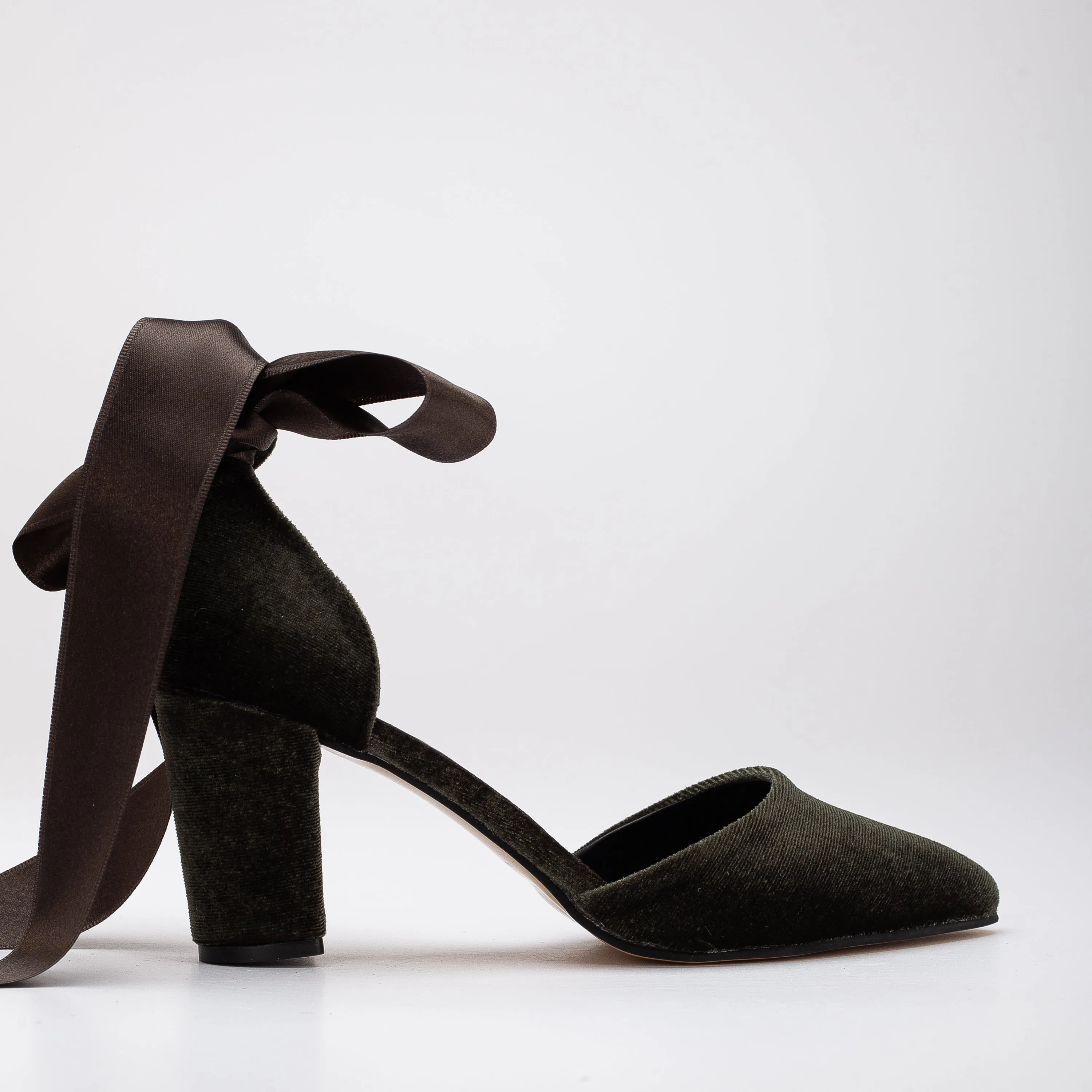 Gisele - Olive Green Velvet Heels with Ribbon