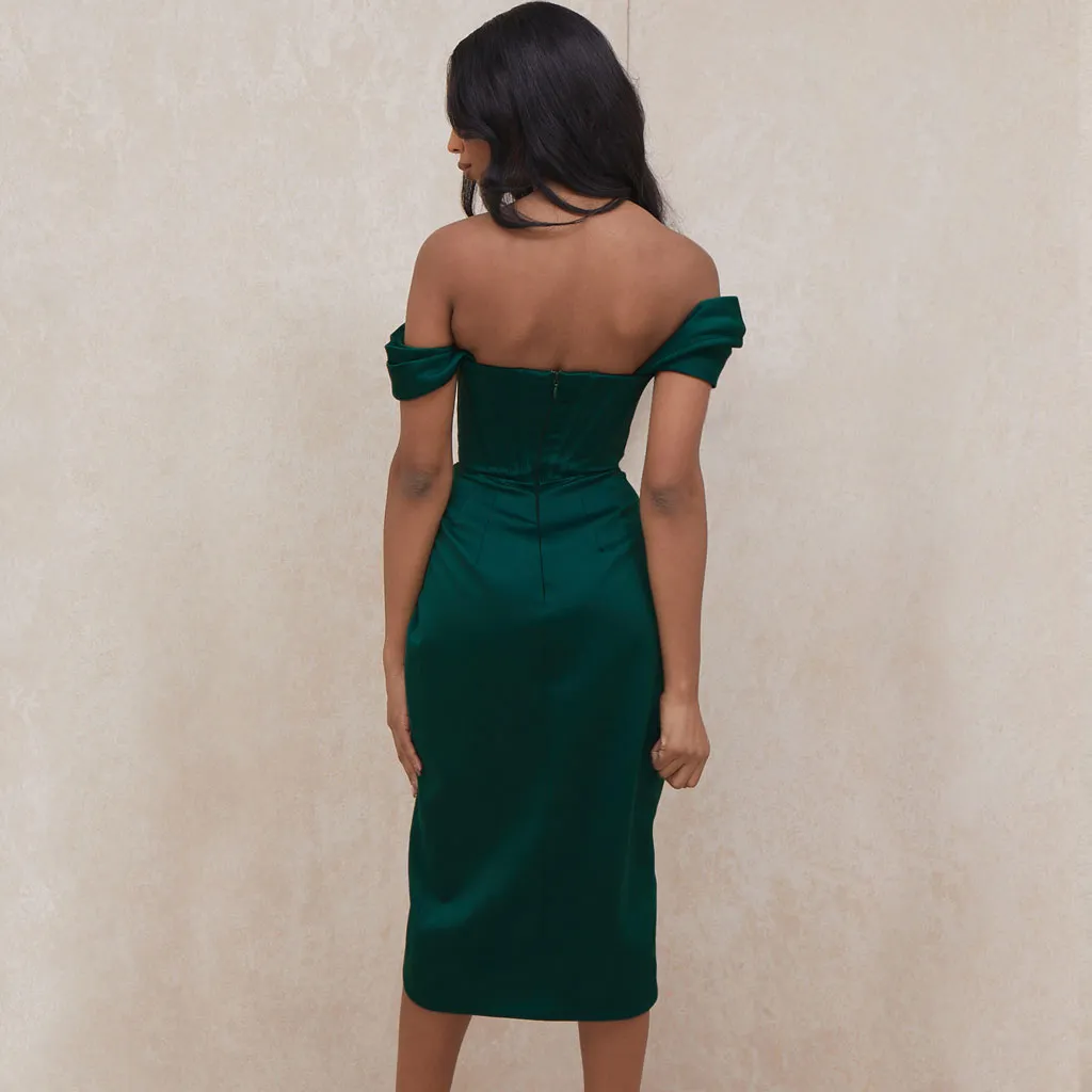 Glossy Satin Off Shoulder Draped Corset Cocktail Midi Dress - Emerald Green