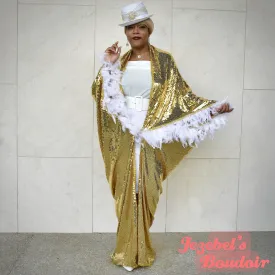 Golden Sequin Bat Wing Gown, Cocoon Dressing Robe, White Feather Fringe Poiret Kimono, Dance Wrap Shawl, Drag Queen Burlesque Duster Costume Mardi Gras Carnival Goddess Majestic Vaudeville Fantasy Jezebel's Boudoir Glamourous