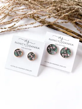 Green Floral Print Leather Studs