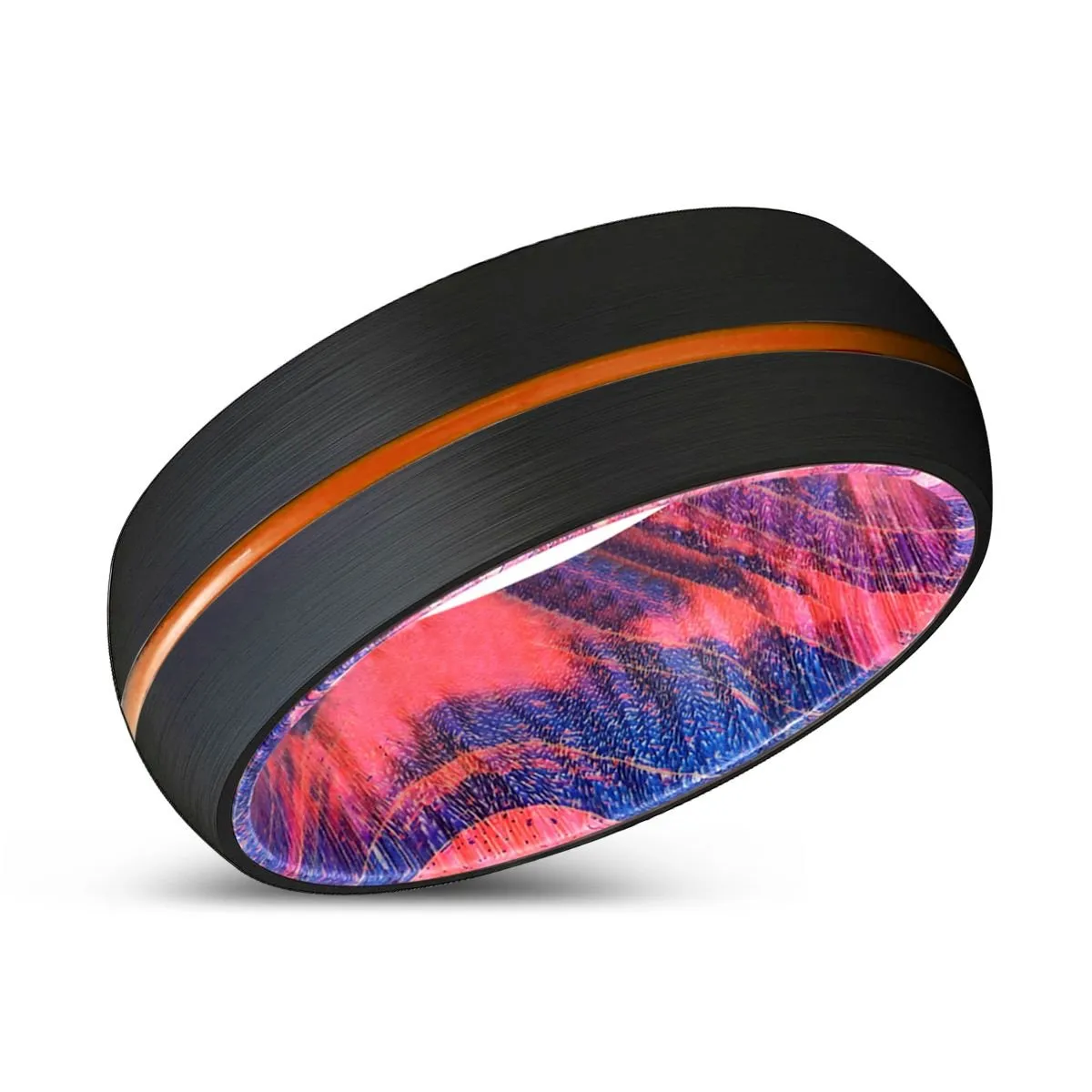 HEMLOC | Blue & Red Wood, Black Tungsten Ring, Orange Groove, Domed