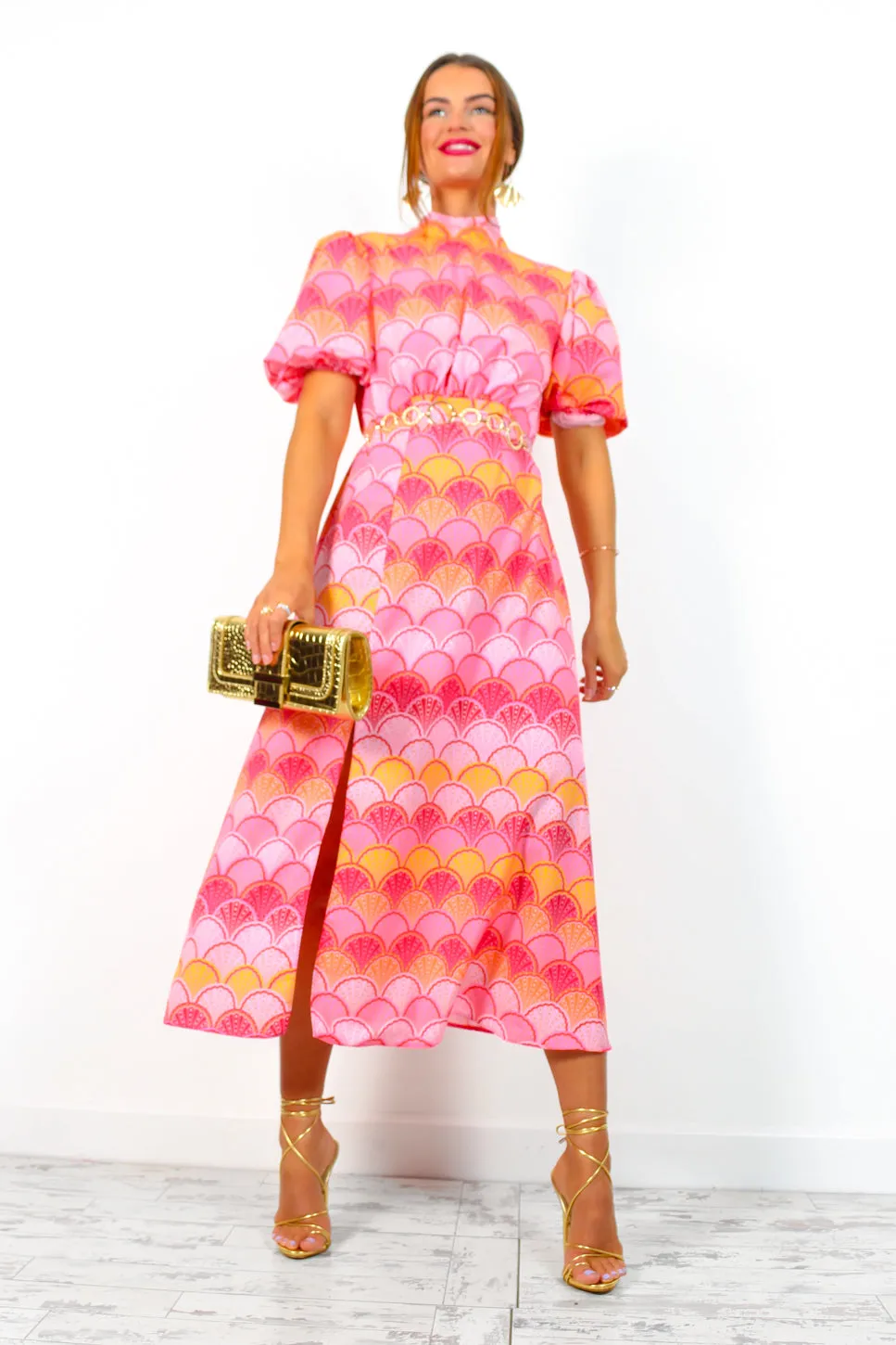 If I Were You - Pink Orange Shell Print Puff Sleeve Midi Dress