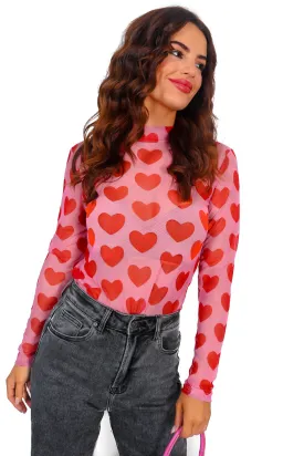 Its Sheer Luck - Pink Red Heart Print Mesh Top