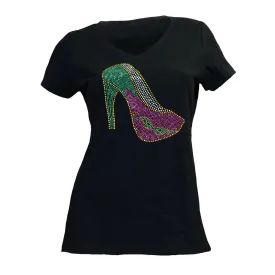 Ladies Mardi Gras Stiletto Rhinestone V-Neck Tee-Shirt