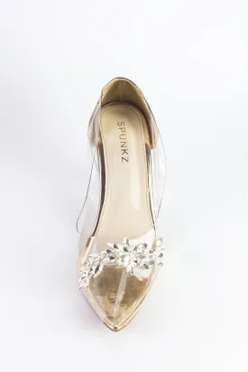 Natalie Clear Heels Golden Pump with Rhinestones