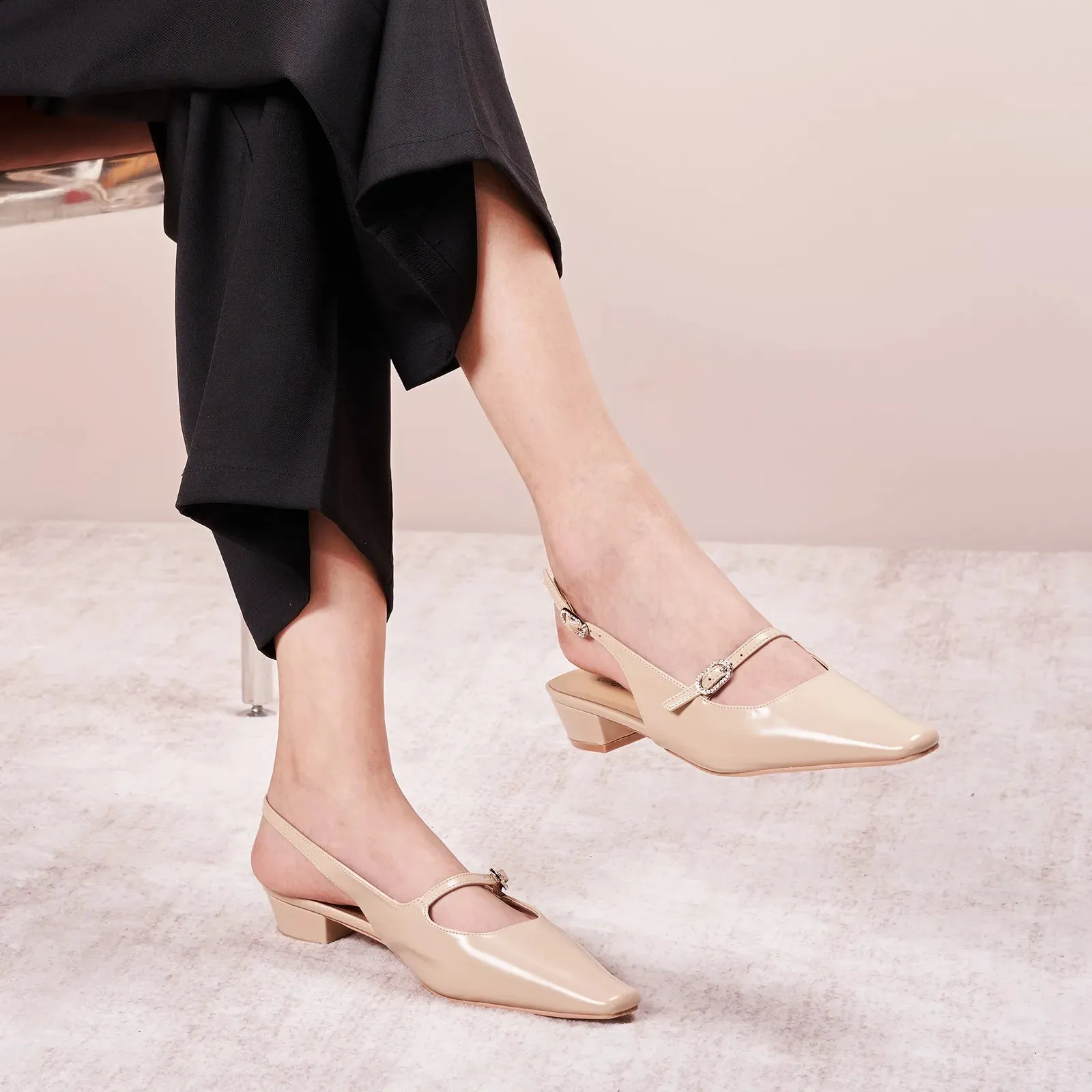 Open Back Block Heel (Alva) Beige