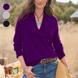 Solid Color Loose Long Sleeve V-Neck Pullover