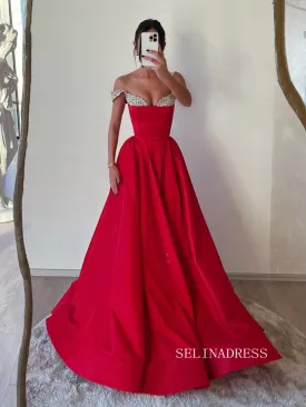 Straps Beaded Red Long Prom Dress Evneing Dress SEW1120