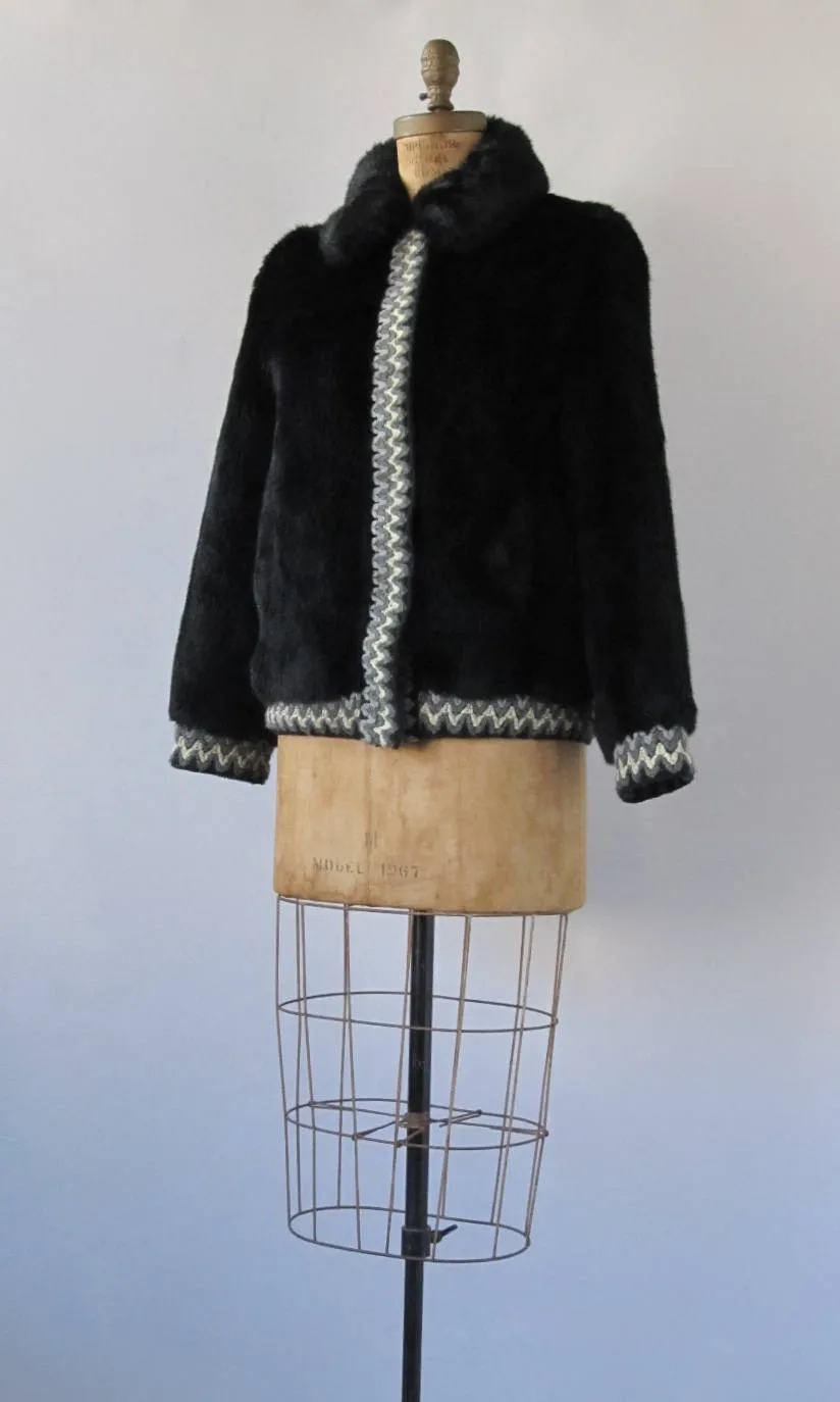 Vintage 60s Lilli Ann Jacket | 1960s Black Faux Fur Coat with Woven Trim | Designer, Glam, Mod, Mad Men | Size Medium