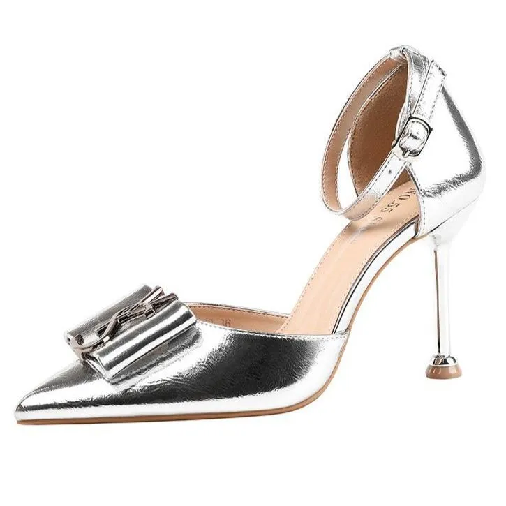 Women bow pointed toe stiletto ankle strap high heels