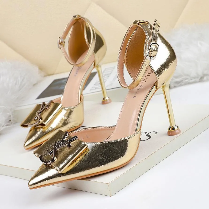 Women bow pointed toe stiletto ankle strap high heels