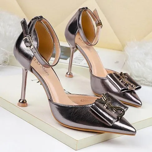 Women bow pointed toe stiletto ankle strap high heels