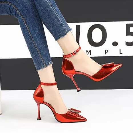 Women bow pointed toe stiletto ankle strap high heels