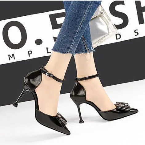 Women bow pointed toe stiletto ankle strap high heels