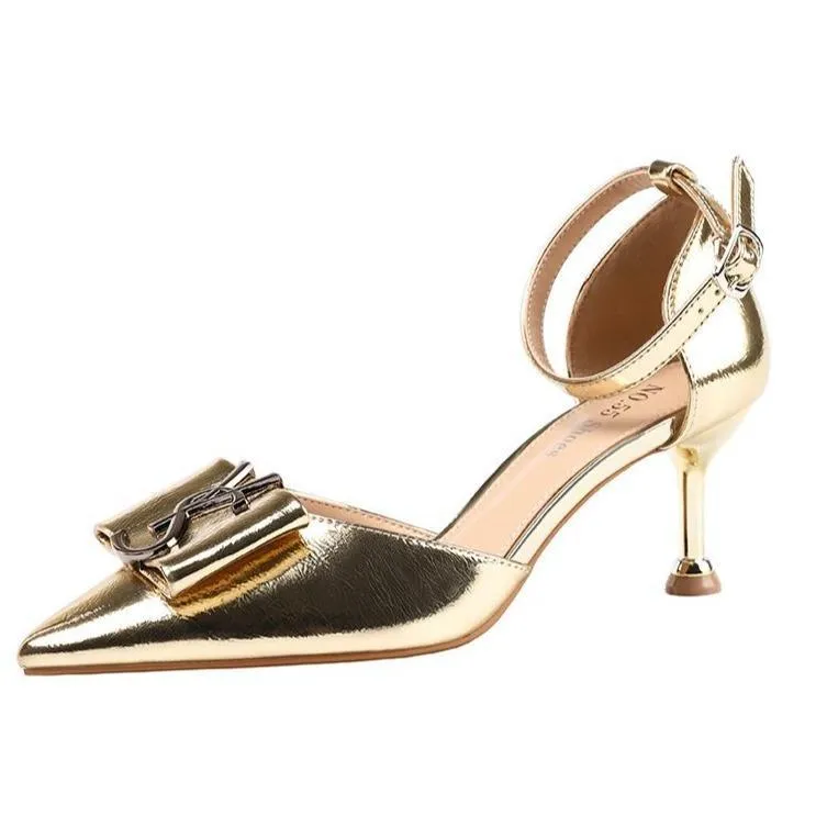 Women bow pointed toe stiletto ankle strap high heels