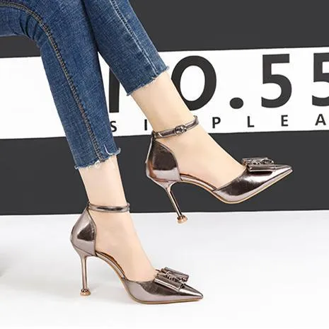 Women bow pointed toe stiletto ankle strap high heels