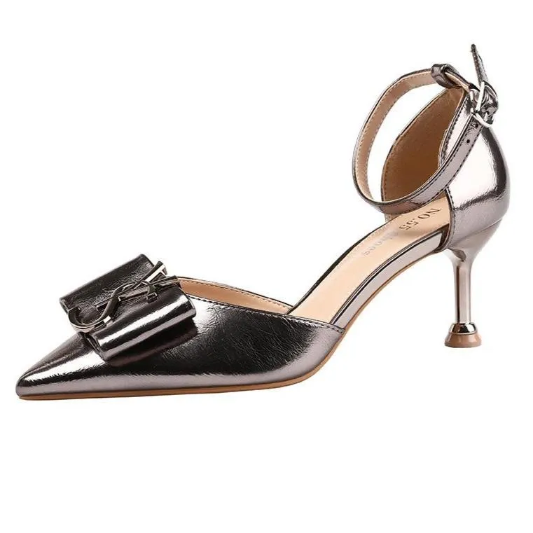 Women bow pointed toe stiletto ankle strap high heels