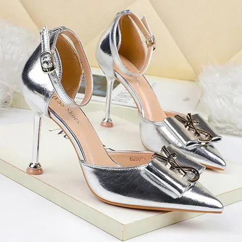 Women bow pointed toe stiletto ankle strap high heels